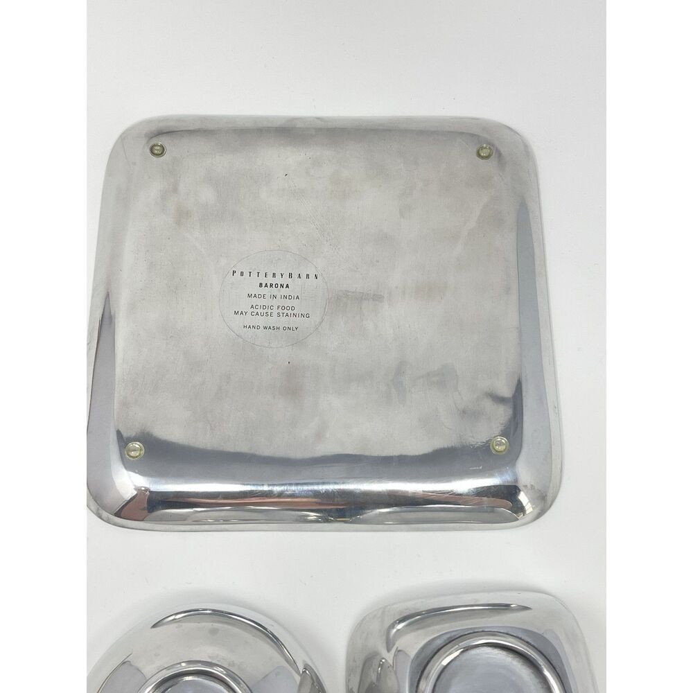 Pottery Barn Barona Condiment Snack Tray Bowls Square Silver Aluminum Party Set - Picture 5 of 5